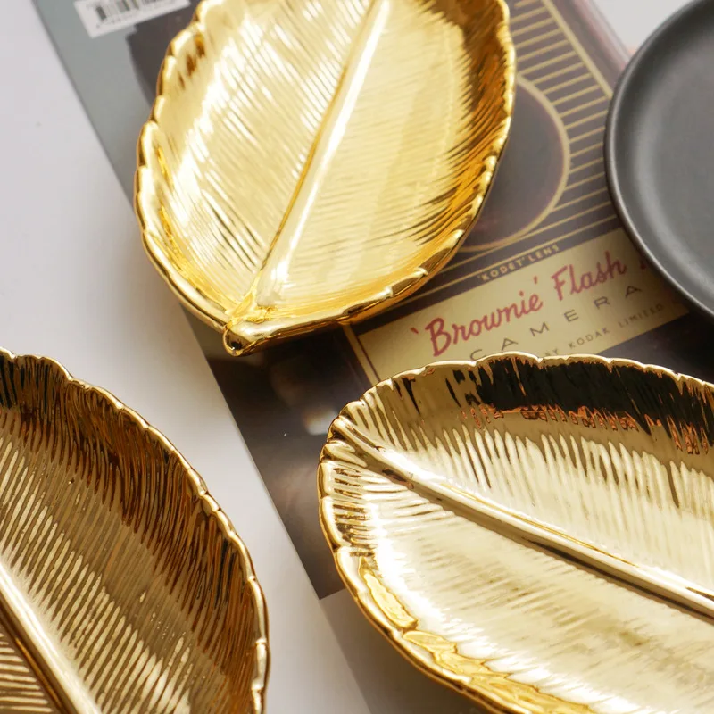 Домашний столешница украшение керамический золотой лист лоток для хранения ювелирных изделий