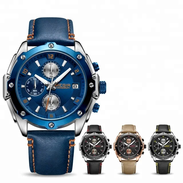 MEGIR Chronograph Relogio Masculino Blue Leather Business Quartz Creative Wrist Watch