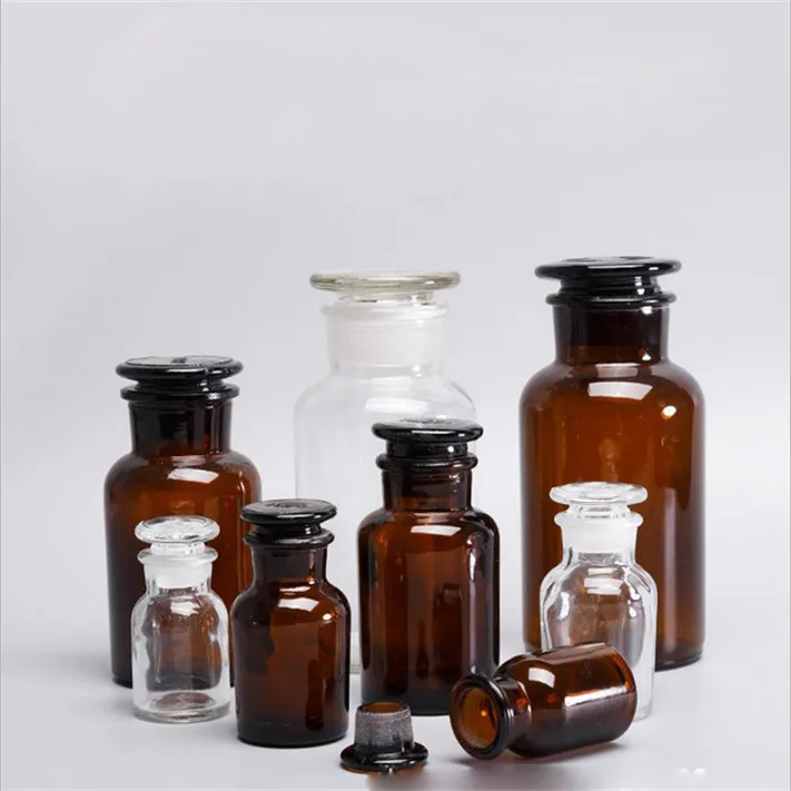 250 ml 500 ml 1000 ml Wide Mouth Lab Chemical Brown Amber Glass Reagent Bottle with Glass Stopper