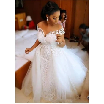 African Nigerian Mermaid Wedding Dress With Detachable Train Lace Up Design Short Sleeve Bridal Gowns Dresses