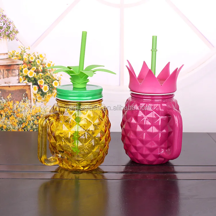 Pineapple-Shaped Mason Jar Mug Glasses with Handles, Straws & Lids, Set of  6