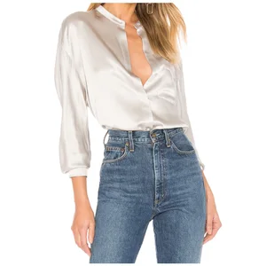 Elegant Women Clothing Front Patch Pocket 100% Satin Blouse With Three Quarter Sleeves Office Shirt