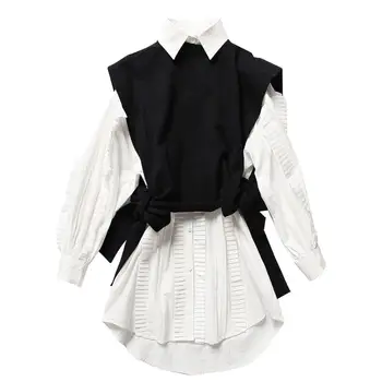 2019 wholesale ladies pleated solid white shirt and irregular knit vest female oversize frills blouse for women two pieces set