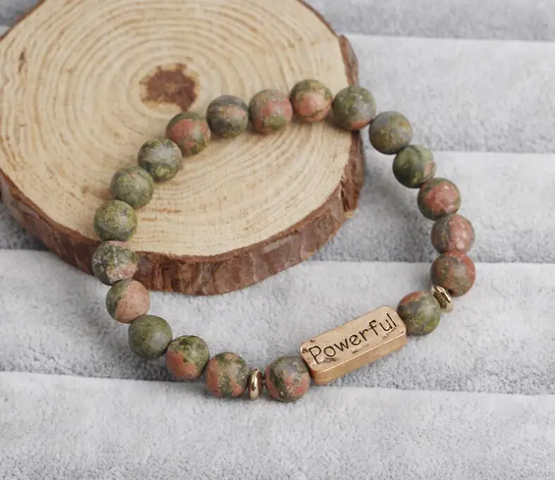 Hope Love Faith Blessed Stretch Metal Plate Engraved Message Stone Bead Bracelet