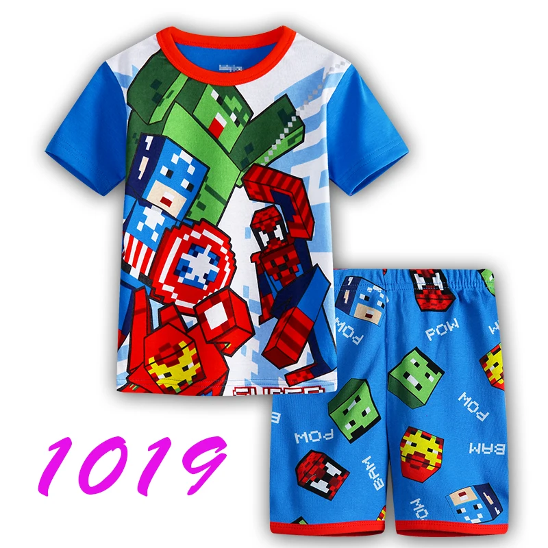 Детские пижамы с коротким рукавом хлопковая одежда для сна летняя Пижама мальчиков и девочек героями мультфильмов