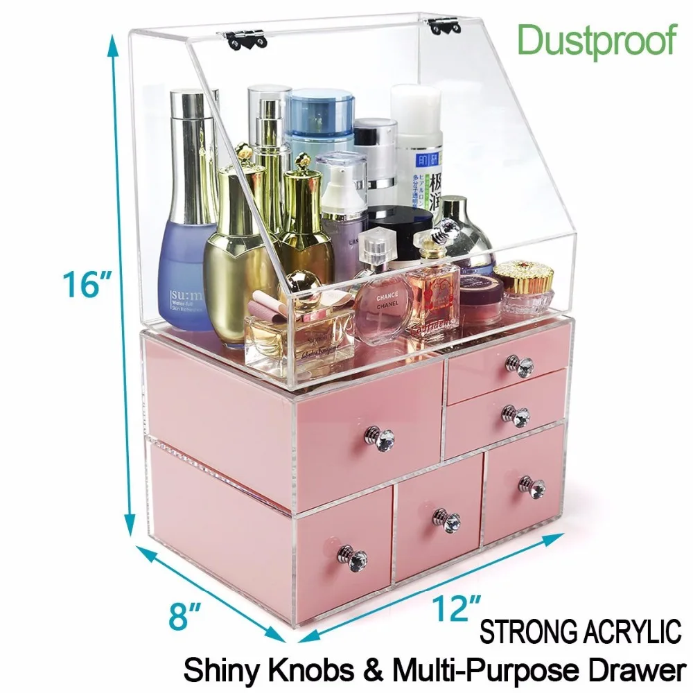 Large Clear Makeup Organizer Acrylic Cosmetic Storage Drawers Jewelry Display Box 6 Pink Drawer Organizer