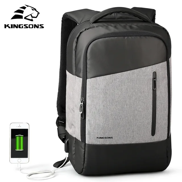Kingson Brand Gray Black Unisex Softback Laptop Backpack USB Charging Zipper Closure Polyester Lining Anti Theft Waterproof
