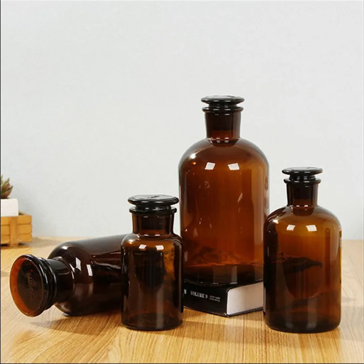 250 ml 500 ml 1000 ml Wide Mouth Lab Chemical Brown Amber Glass Reagent Bottle with Glass Stopper