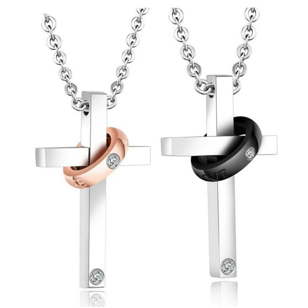 Coppia Di Collane Con Ciondolo Croce In Acciaio Inox – Regalo Di Fidanzamento Per Lui E Lei