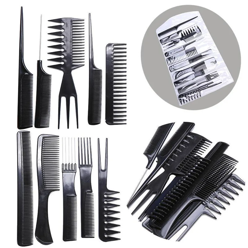 10-teiliges Friseur-Kamm Set – Professionelle Haarbürsten Für Salon & Zuhause, Rutschfester Griff (Schwarz)