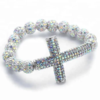 Women Fashion 10mm Rhinestone Pave Ball Beads Crystal Pave Charm Energy Bracelets Cross Bracelet