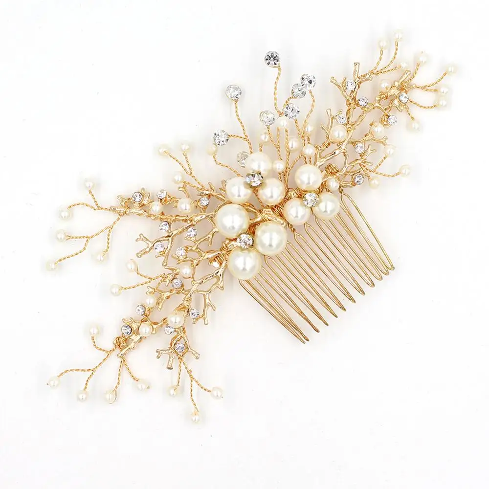 欧洲设计叶子婚礼发饰珍珠水晶花新娘发发梳婚礼发饰