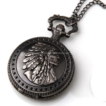 Retro Men Antique Silver India Head Eagle Pocket Watch