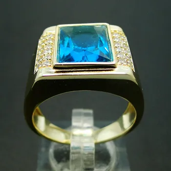 Yellow Gold Plated Blue Topaz Men's Ring 925 Silver Customized Simple Ring For Wholesale Jewelry