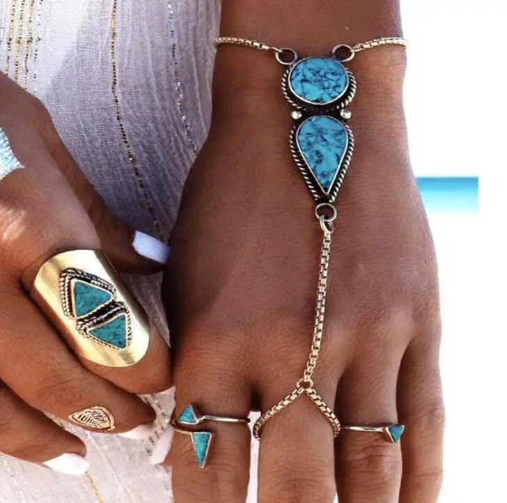 Turquoise Stone Gold Chain Finger-Bracelet/ Slave-Bracelet/ Hand Jewelry 