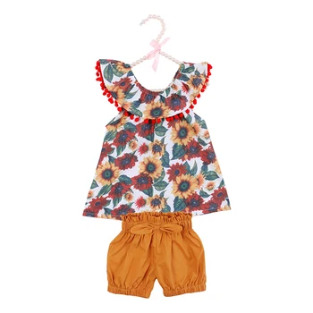 2019 Girls boutique sets Wholesale Children Clothes Sunflower Print Top Shorts Girls Outfits Toddler Pom Pom Outfits