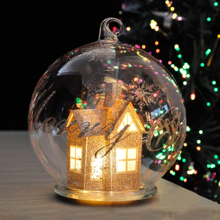 led 80mm glass ball Christmas scene wholesale lighted snowflake glass ball globe handmade Xmas hanging ornaments gift for sale factory