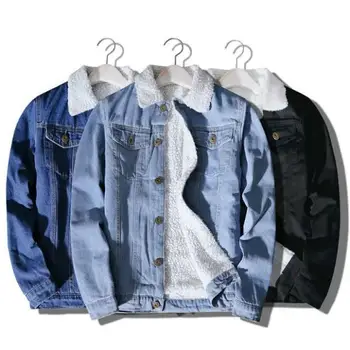 Custom light blue 100% cotton denim washed fleece lining winter jeans jackets men wholesale