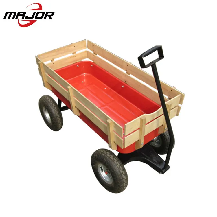 Red Outdoor Wagon ALL Terrain Pulling Children Kid Garden Cart Wood Railing Baby Wagon Tool Cart