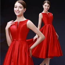 New 2016 fashion medium length quality red party dresses Twill satin plus size vestido de novia lace up prom dress