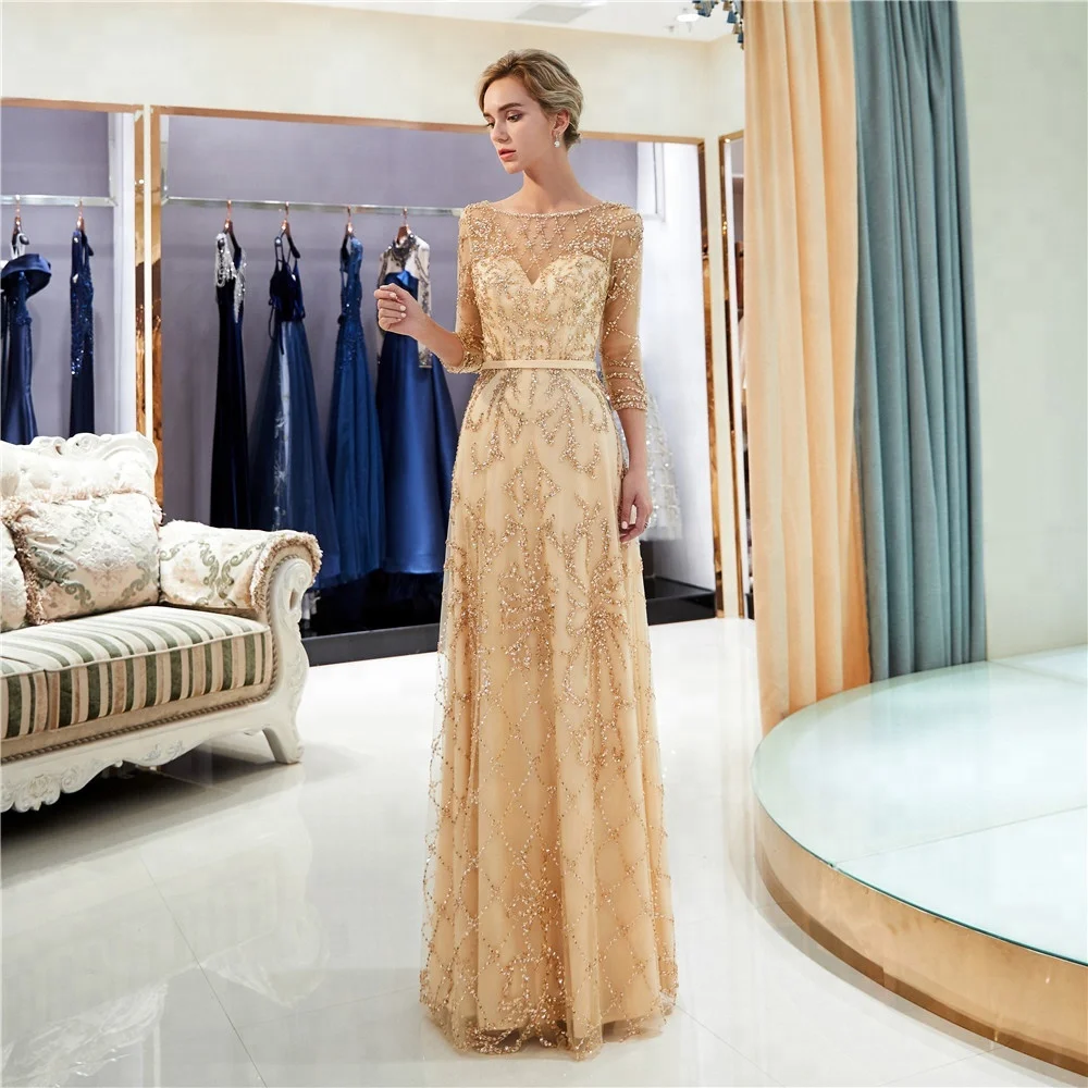 gold long sleeve lace dress Long A-Line Formal Dress with Long-Sleeve Lace Bodice Champagne / 3XLarge main image 1