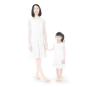 New Design Kid Clothes Solid White Chiffon Long Sleeve Summer Mommy and Me Boutique Dress