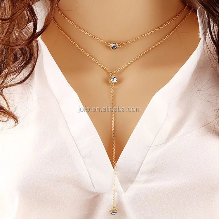 Double ring dangling pendant gold plated chain tassel long necklace jewellery 