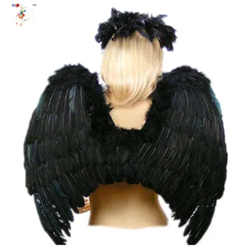 Gothic Fairy Dress Up Party Prop Black Feather Angel Wings with Halo HPC-0811