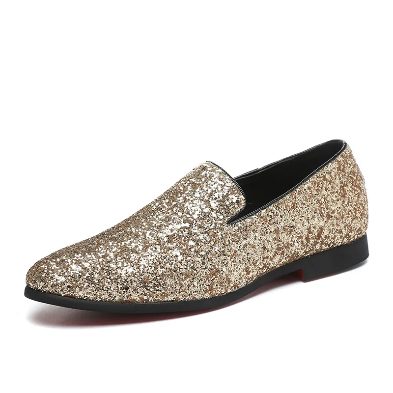 Wedding Glitters Upper Silver Designer Shoes Slip on Golden Loafers Men  Dress Shoes