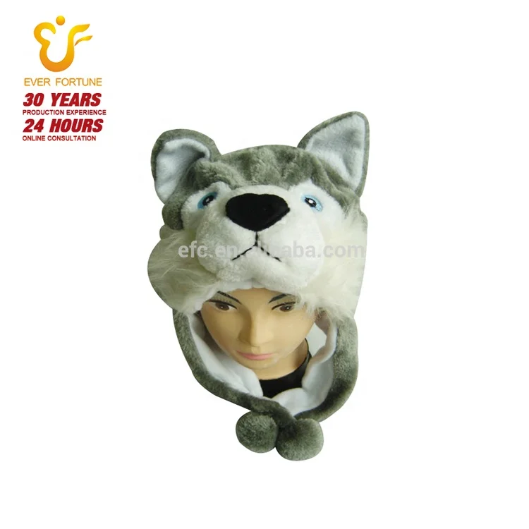 Husky Timber Wolf Cute Plush Warm Winter Hat Animal Hat Party Cap One Size  Fits All Adults Kids Grey