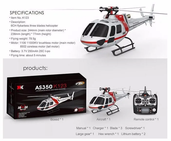 グローバル無人機オリジナルxk k123 6chブラシレスas350スケール3d6g