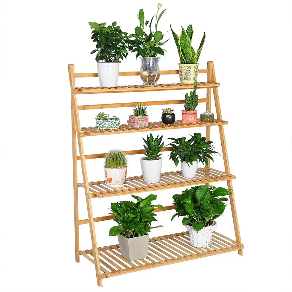 Livebest Folding 4-Tier Bamboo Plant Rack Stand Flower Pot Display Storage Shelf 