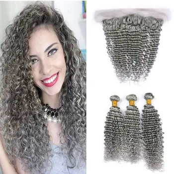 High Quality 12A Grey Brazilian Human 100% Raw Unprocessed Kinky Curly Hair Bundles with Closure Frontal in Pack
