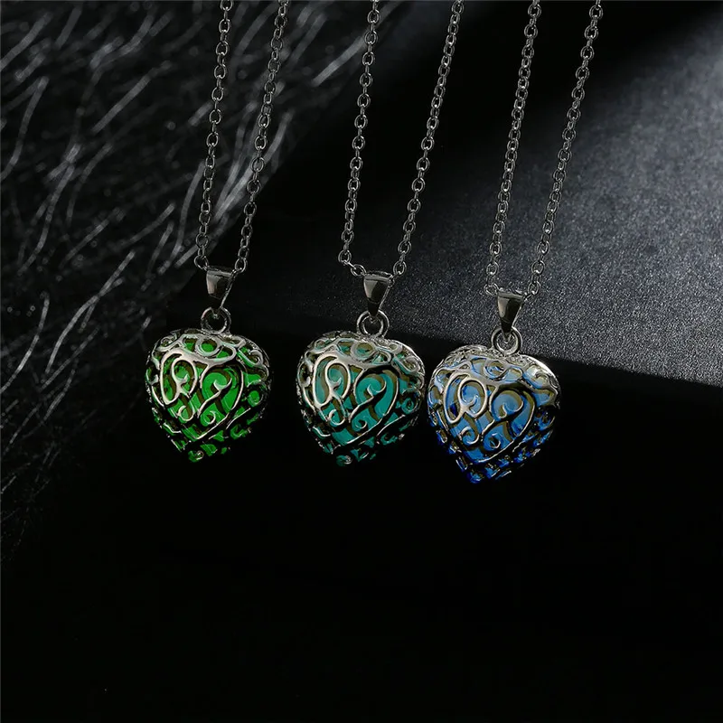Engraved Heart Necklace Photo Lockets Pendant Hollow Heart Glow in Dark Luminous Necklace for Women 