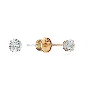 Economical Custom Design 14k Yellow Gold Basket Round CZ Cubic Zirconia Stud Screwback Baby Girls Earrings