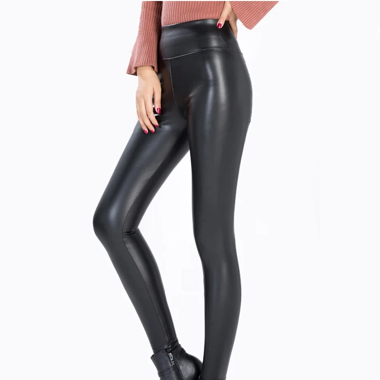 hight waisted thicker faux pu fleece leather leggings for women tights pants