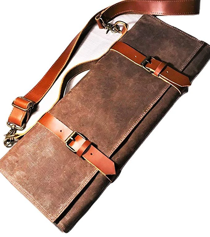 waxed canvas with natural cowhide leather chef knife roll bag