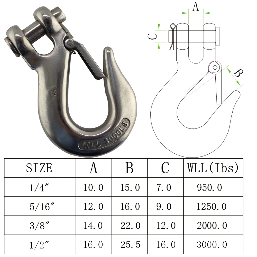1500kg Stainless Steel Clevis Grab Slip Hooks With Safety Latch Crane