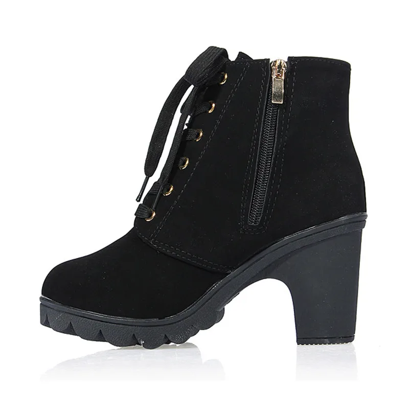 Women Chunky Block High Heel Ankle Boots Winter Nubuck