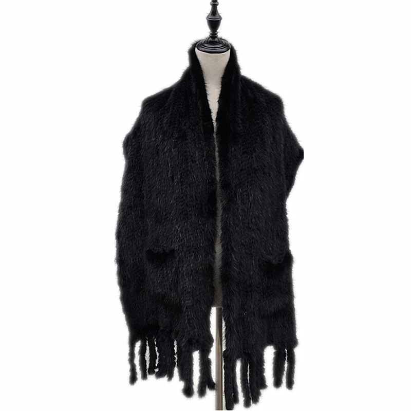 SF0190, оптовая и розничная продажа, Подлинная женская шаль из меха норки с карманами, шаль из натурального меха норки, шарф