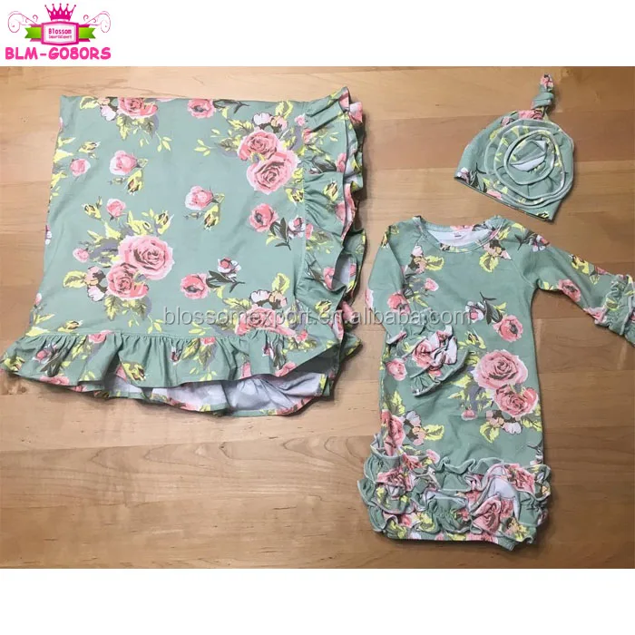 Monogrammed Blank Baby Shower Gift Set 3pcs Green Floral Ruffle Gown