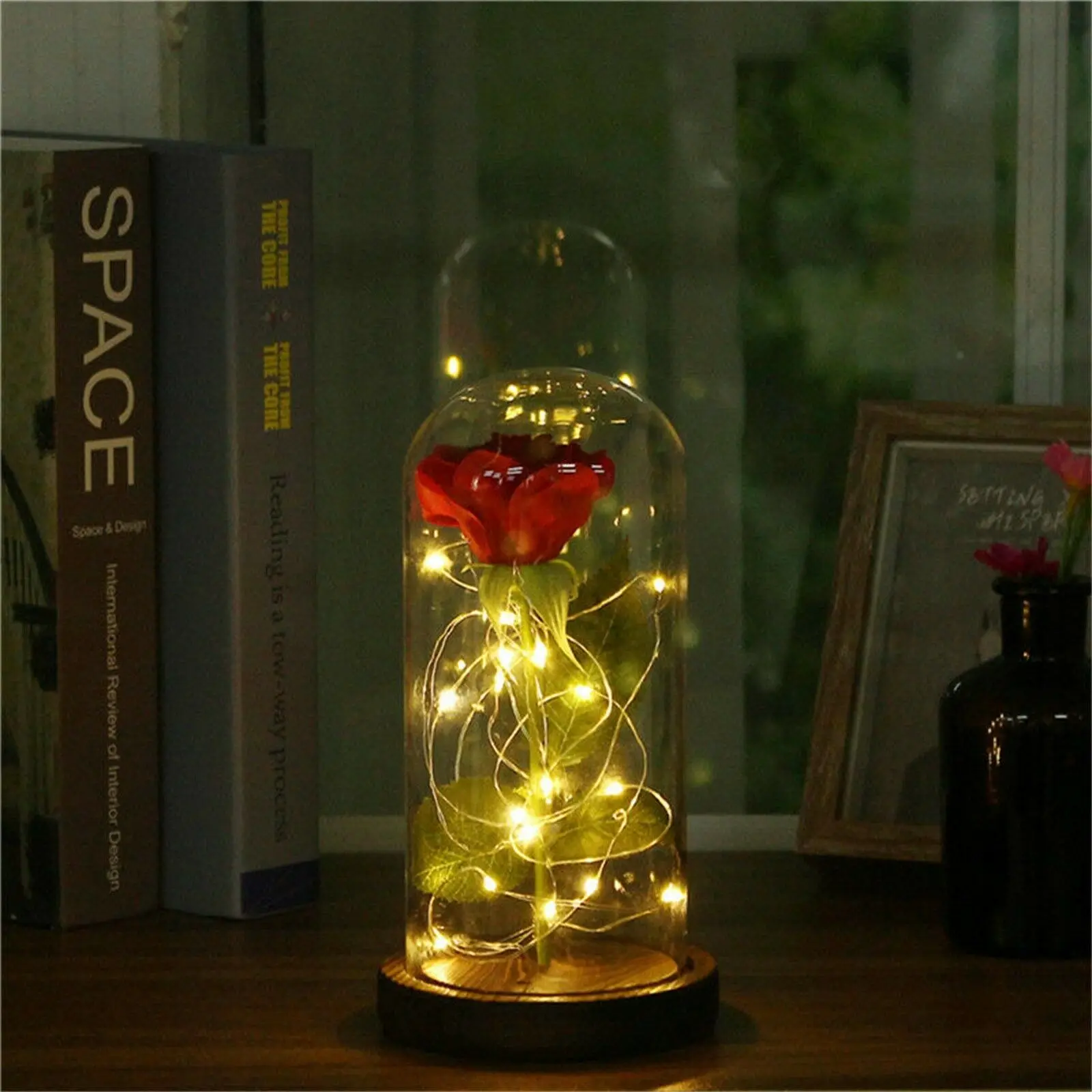 Romantic Valentine Gift Decor Glass Rose Bottle with Warm White LED String Light Night Lamp