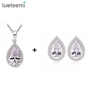 LUOTEEM Wholesale Cheap Wedding Jewelry Set Platinum Plating Crubic Zircon Necklace Earrings Set for Women Wedding Party Jewelry