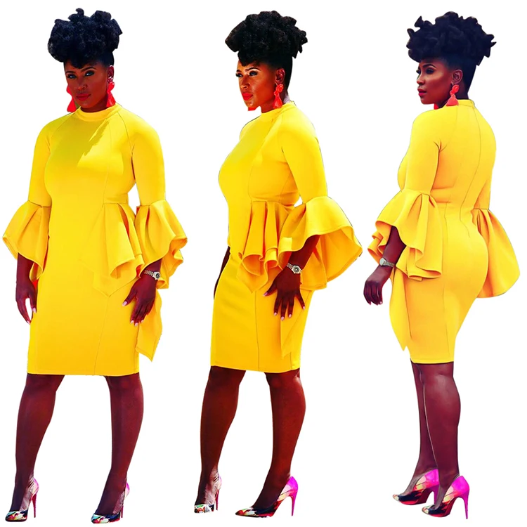 Women Fashion Elegant Yellow Bell Sleeve Peplum Dress African Casual Midi  Bodycon Dress - Buy Women Peplum Dress,Casual Midi Bodycon Dress,African  Casual Dress Product on Alibaba.com