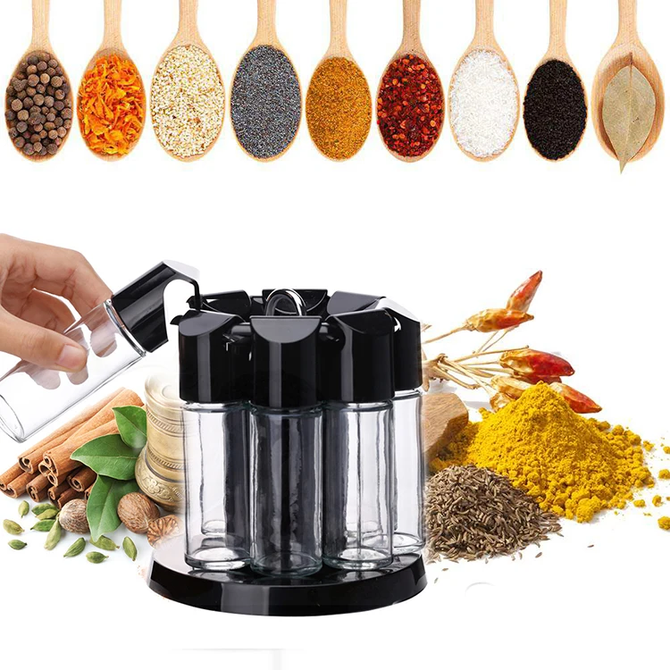 8Pcs Kitchen Spice Tools Storage Organizer Home Spice Rotating Spices Bottles Cooking Tools Glass Seasoning Rack Salt Pepper