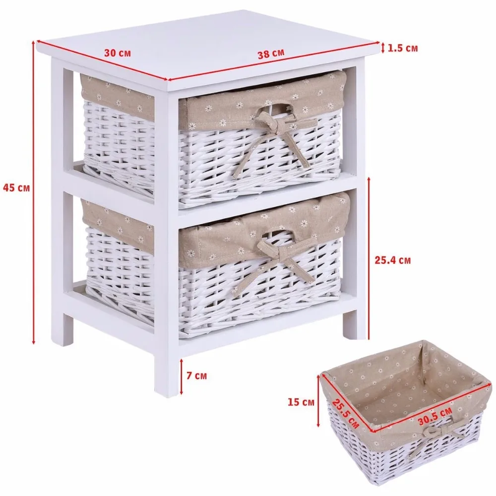 Bedside Table Wooden Wicker Nightstand Storage Unit With Rattan Basket White