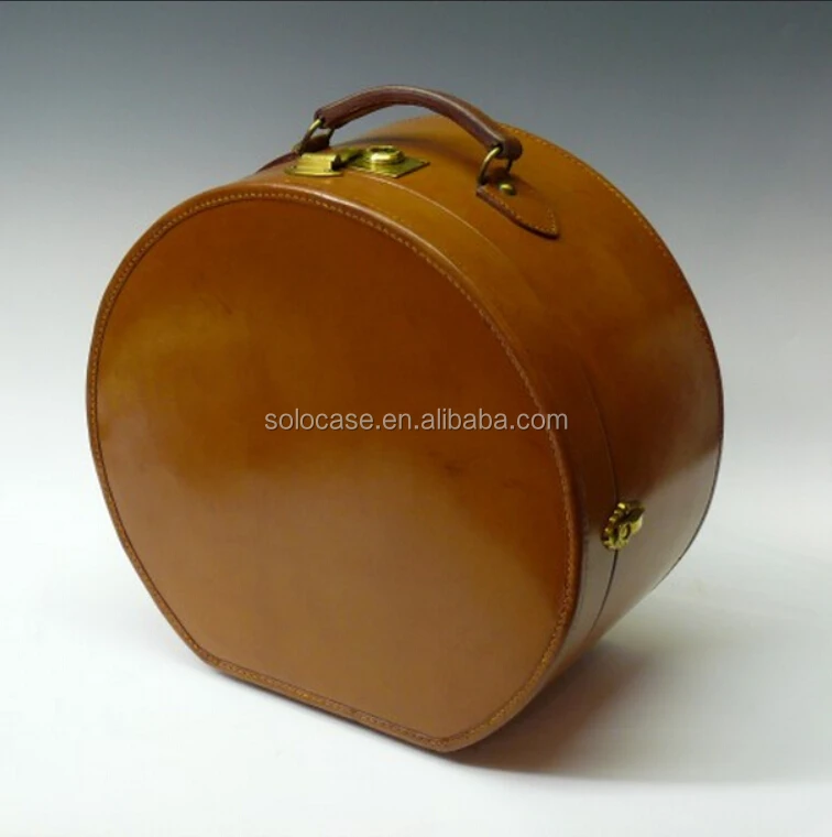Vintage Boho Style Travel Hat Box / Brown Shoulder Round 
