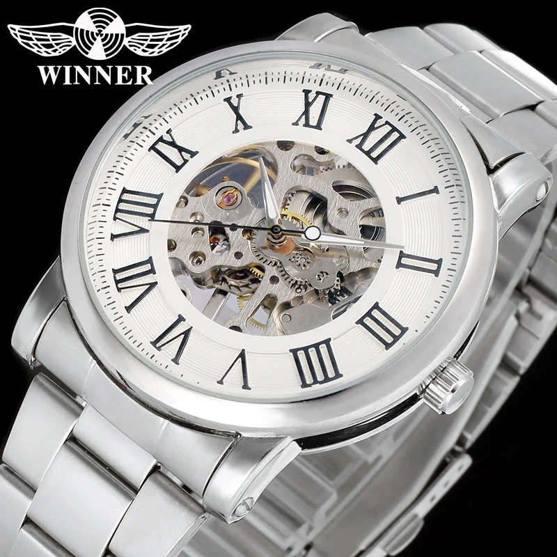 
 T-WINNER Классические Механические браслет из нержавеющей стали мужские часы Скелетон дешевые ручной намотки, мужские часы, наручные часы с механизмом, часы  