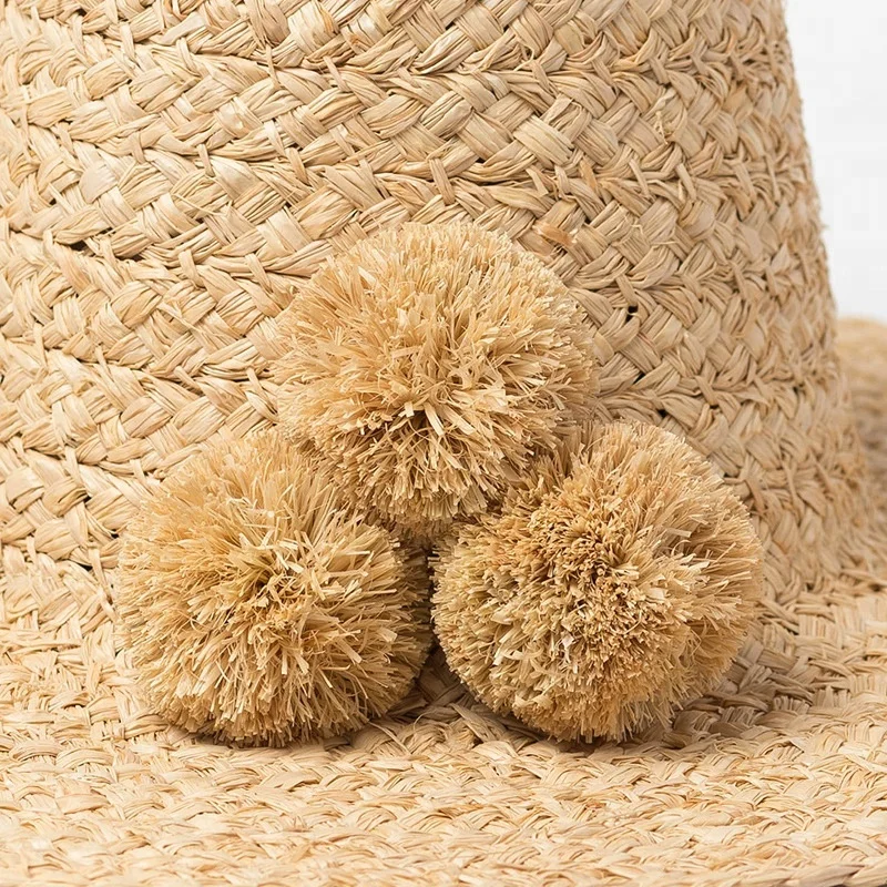 High End Custom Design Women Raffia Straw Hat With Pom Pom Ball