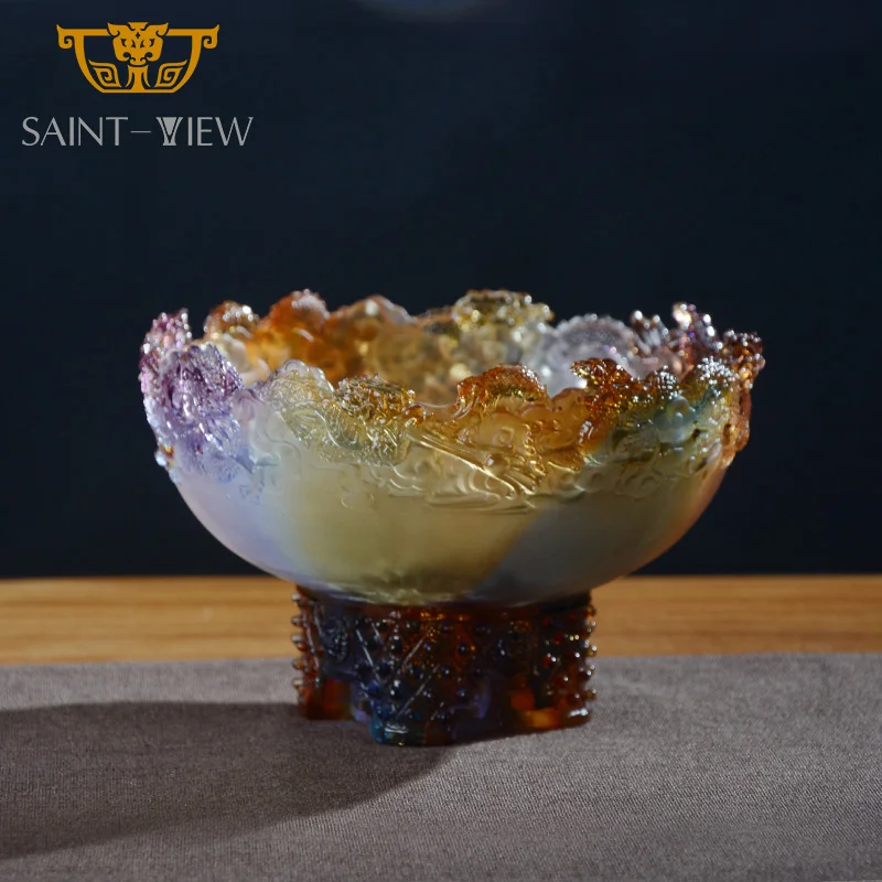 Handmade Casting Art Glass Chinese Dragons Treasure Bowl Fengshui Ornaments